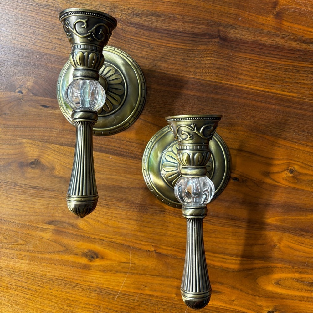PartyLite Set of 2 Classic Creations gold tone & glass taper candle wall sconces
